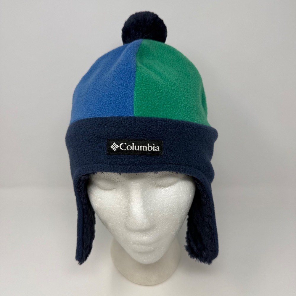 Columbia Kids Omni-Heat Fleece Trapper‎ Hat Blue Green Colorblock Youth L/XL Pom